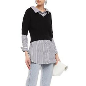 Maje Merlin Layered Striped Cotton Poplin Stretch Knit Black White Shirt Size M
